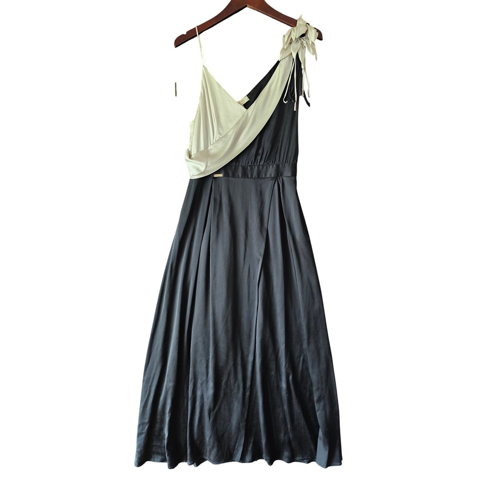 W Les Femmes Babylon Two-Tone Black Cream Floral Shoulder Maxi Dress Gown Sz 44